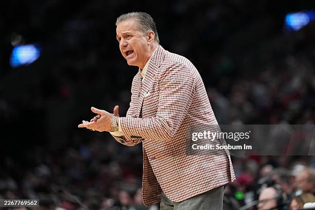 Head coach John Calipari of the Arkansas Razorbacks reacts against the High Point Panthers during the second half in the second round of the 2026...