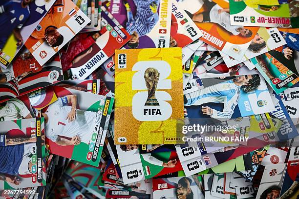 Illustration shows A close up on cards of the official trading card collection called FIFA World Cup 2026 Adrenalyn XL, launched by Panini, in Namur,...