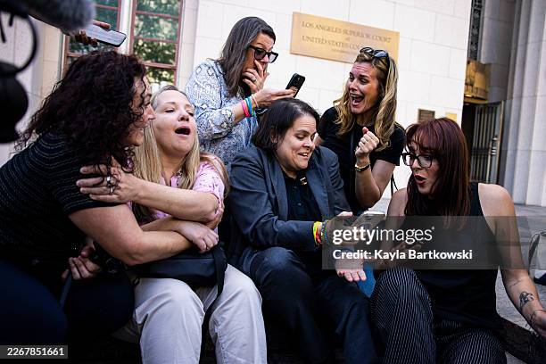 Left to right, Victims families and supporters Shelby Knox, Amy Neville, Mary Rodee, Laura Marquez-Garrett, Sarah Gardner, and Lennon Torres react to...