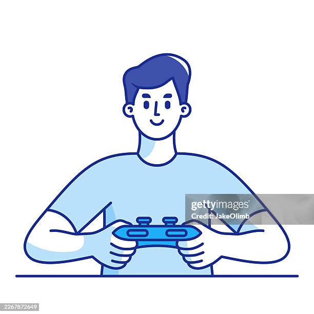 young man holding video game controller line art - holding gaming controller stock illustrations