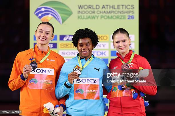 Silver medallist, Nadine Visser of Team Netherlands, gold medallist, Devynne Charlton of Team Bahamas, and bronze medallist, Pia Skrzyszowska of Team...