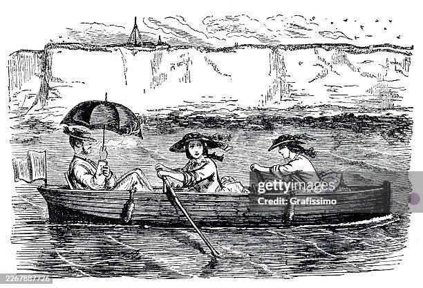two women in rowing boat near coast in england 1868 - rowing boat stock illustrations