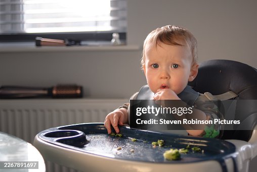 Handsome Baby in High Chair Eating Broccoli I Handsome Baby in High Chair Eating Broccoli I