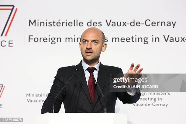 France's Foreign Affairs Minister Jean-Noel Barrot gives a press conference during the G7 Foreign Ministers' meeting with Partner Countries for talks...