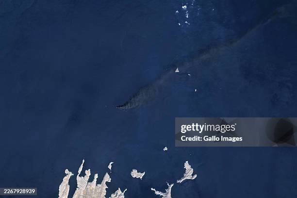 Satellite view of an oil tanker ablaze in the Strait of Hormuz north of Oman. The blaze, triggered by a projectile strike amid the Iran conflict,...