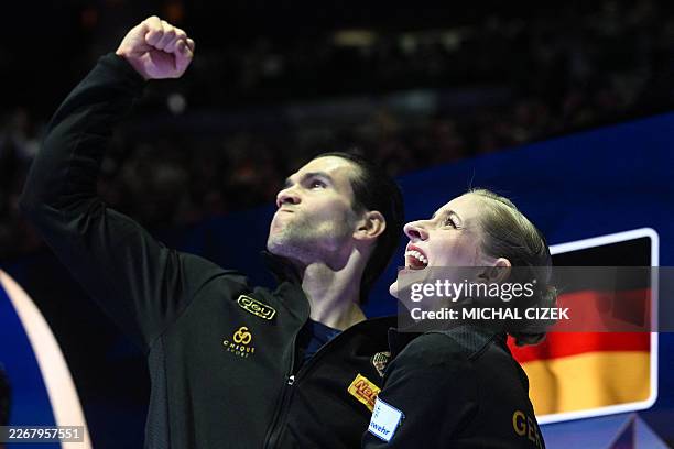 Germany's Minerva Fabienne Hase and Nikita Volodin celebrate after the pairs free skating program of the 2026 ISU Figure Skating World Championships...