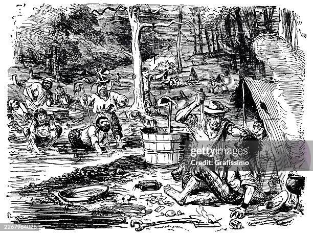 violence in california while men digging for gold 1868 - gold mining stock illustrations