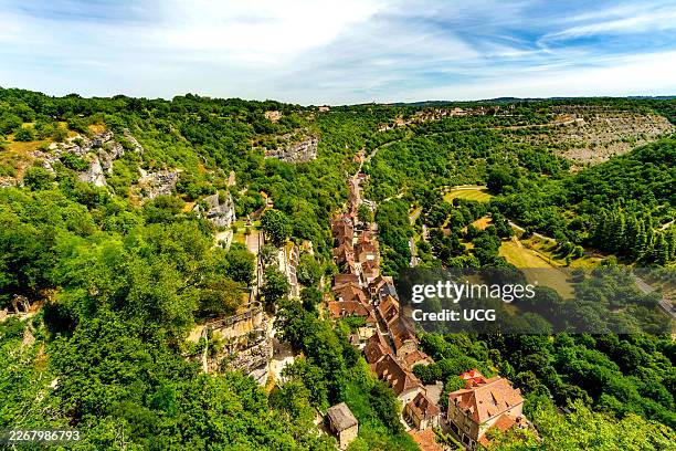 View of the village and the valley of Alzou , Pilgrimage town of Rocamadour, department of Lot, Occitanie, France.