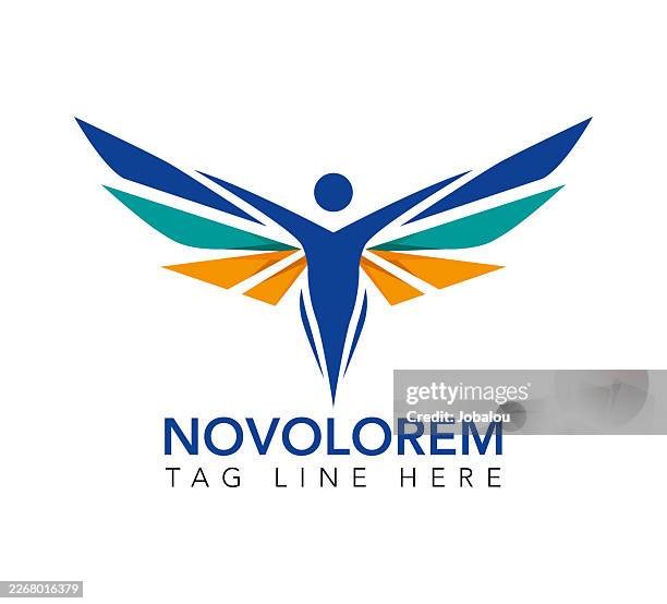 graphic design template featuring a stylized human figure with wings - wing logo stock illustrations