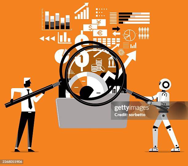 document analysis - businessman and robot - machine learning isometric stock illustrations