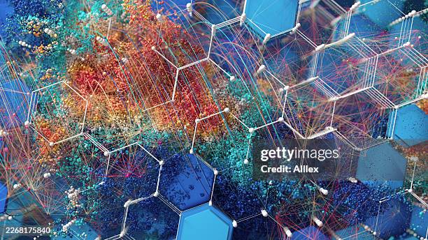 molecular structure and neural network visualization with dynamic particles - pellet stock pictures, royalty-free photos & images