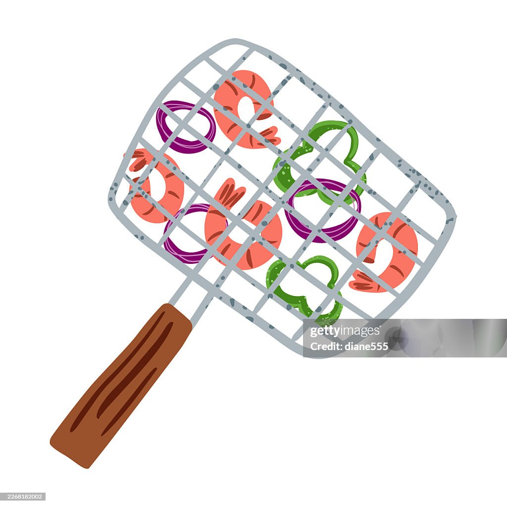 BBQ Grilling Basket With Shrimp And Vegetables