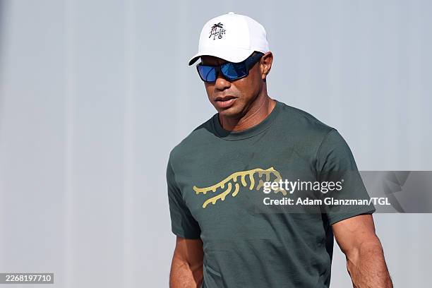 Tiger Woods of Jupiter Links Golf Club arrives before the match against the Los Angeles Golf Club at SoFi Center on March 24, 2026 in Palm Beach...