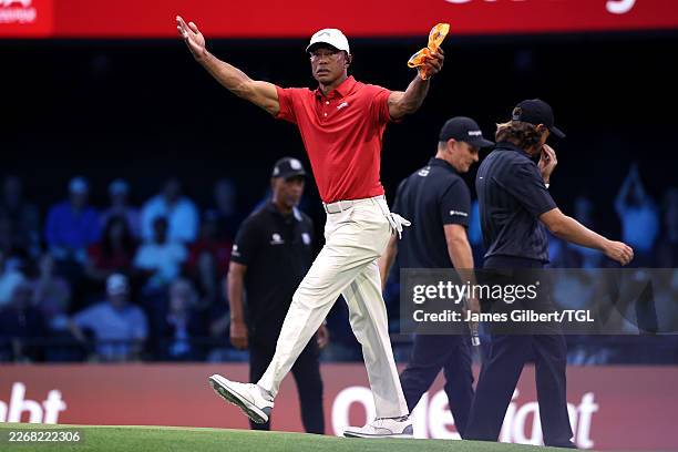 Tiger Woods of Jupiter Links Golf Club reacts on the third hole during the match against the Los Angeles Golf Club at SoFi Center on March 24, 2026...