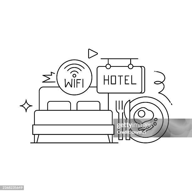 hotel services concept line art style vector illustration. design for web page, banner, poster, print etc. - concierge stock illustrations