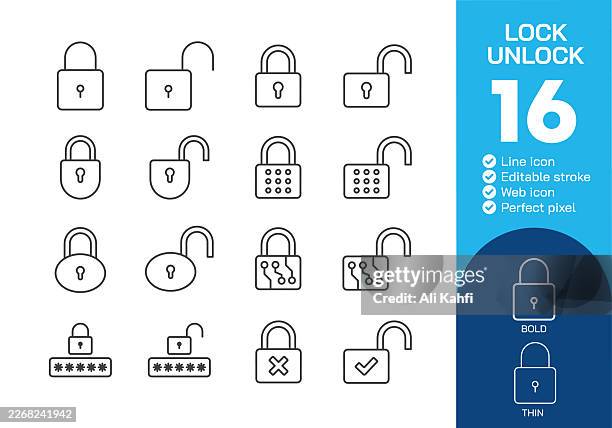 lock and unlock thin line icons collection. editable stroke. vector illustration. icon for website design, logo, app, template, ui, infographic etc - combination lock stock illustrations