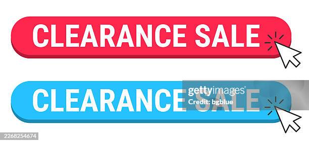 clearance sale - red and blue buttons with cursor on white background - click ad stock illustrations