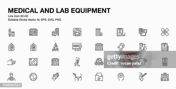 medical and lab equipment line icon set - beaker isolated stock illustrations