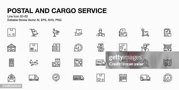 postal and cargo service line icon set - packing car stock illustrations