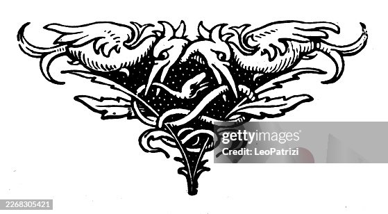 Old vignette featuring two griffins fighting over a snake - Antique design element from a book Old vignette featuring two griffins fighting over a snake - Antique design element from a book