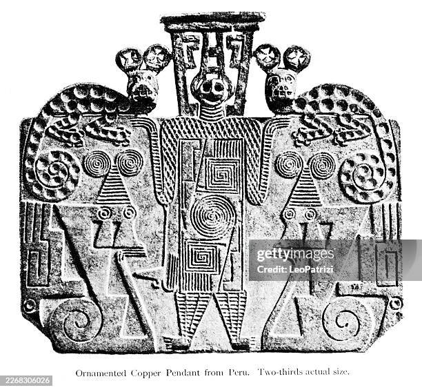 ornamented copper pendant originating from peru - inca stock illustrations