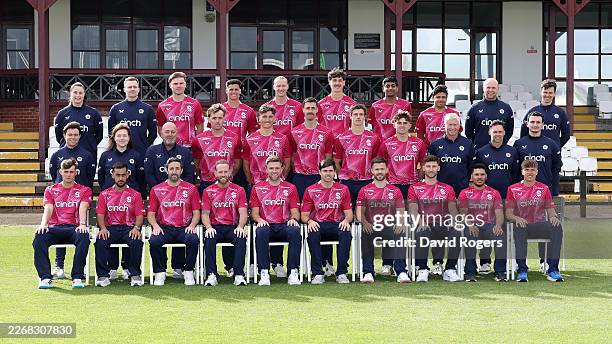 The Northamptonshire CCC Vitality Blast T20 team and coaches pose during the photocall held at the County Ground on March 25, 2026 in Northampton,...