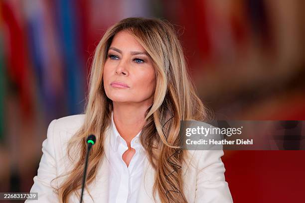 First lady Melania Trump hosts the Fostering the Future Together Global Coalition Summit in the East Room at the White House on March 25, 2026 in...