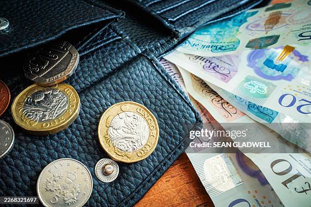 close up coins and wallet - wallet stock pictures, royalty-free photos & images