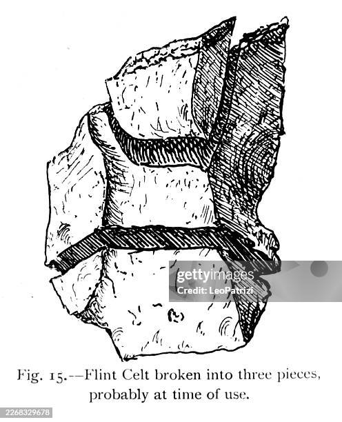 flint celt broken in three pieces - antique illustration - axe isolated stock illustrations