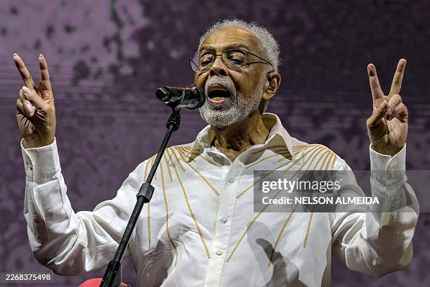 Brazilian musician and songwriter Gilberto Gil performs on his 'Gil Tempo Rei Last tour' at Allianz Parque stadium in Sao Paulo, Brazil on March 28,...