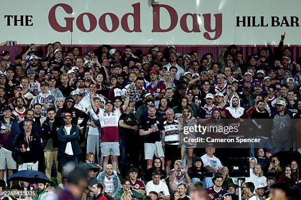 Sea Eagle fans watch the action during the round four NRL match between the Manly Sea Eagles and Sydney Roosters at 4 Pines Park on March 26 in...