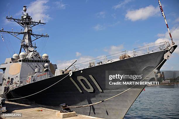 The US Navy Arleigh Burke-class guided-missile destroyer USS Gridley docks at the Amador cruise terminal in Panama City on March 29, 2026. The ship...
