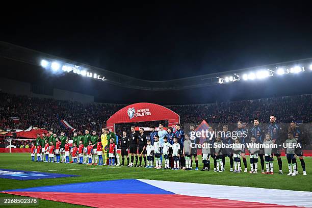 Players of Czechia and Republic of Ireland line up on the pitch prior to the FIFA World Cup 2026 European Qualifiers KO play-offs match between...