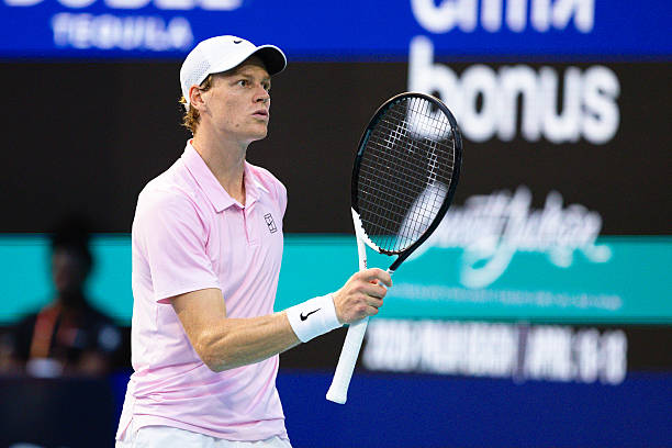 Jannik Sinner of Italy gestures with his racket against Jiri Lehecka of Czechia during their championship match on Day 13 of the Miami Open at Hard...