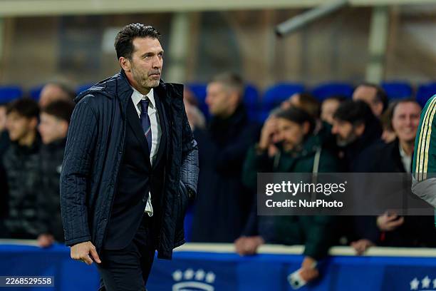 Gianluigi Buffon of Italy looks on during the UEFA World Cup Qualifier match between Italy and Northern Ireland at New Balance Arena on March 26,...