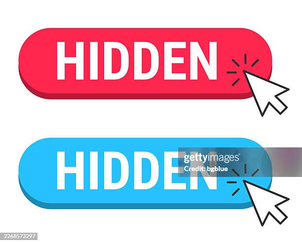 hidden - red and blue buttons with cursor on white background - hiding behind computer stock illustrations