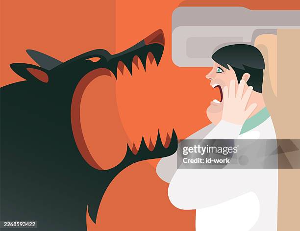 man meeting angry wolf while sleeping on bed - man startled awake stock illustrations