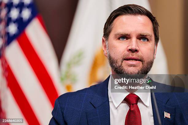 Vice President JD Vance speaks during a Fraud Task Force meeting in the Indian Treaty Room at the White House on March 27, 2026 in Washington, DC....