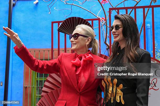 Anne Hathaway and Meryl Streep smile during a conference for the movie 'The Devil Wears Prada 2' at Casa Azul on March 30, 2026 in Mexico City,...