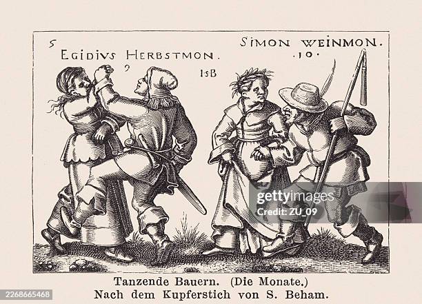 dancing peasants, engraved (1545) by sebald beham, facsimile (woodcut), 1898 - wedding dance stock illustrations