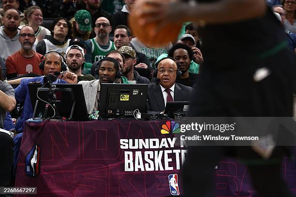 Sunday Night Basketball announcers, from left, Reggie Miller, Jamal Crawford and Mike Tirico courtside during the game between the Boston Celtics and...