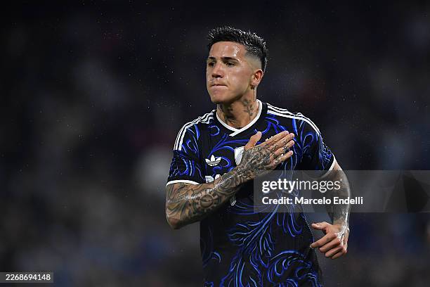 Enzo Fernandez of Argentina celebrates scoring his team's first goal during the international friendly match between Argentina and Mauritania at...