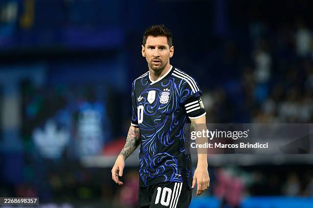 Lionel Messi of Argentina looks on during the international friendly match between Argentina and Mauritania at Estadio Alberto J. Armando on March...