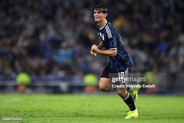 Nico Paz of Argentina celebrates scoring his team's second goal during the international friendly match between Argentina and Mauritania at Estadio...