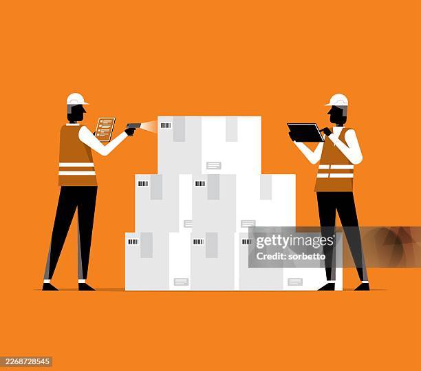 taking inventory using a barcode reader and a tablet - warehouse tablet stock illustrations