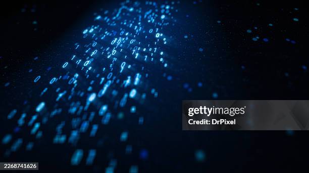blue binary data stream with copy space on dark technology background - byte stock pictures, royalty-free photos & images