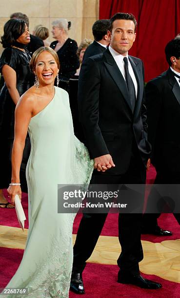 Actors Ben Affleck and fiancee Jennifer Lopez, wearing Harry Winston jewelry, attends the 75th Annual Academy Awards at the Kodak Theater on March...