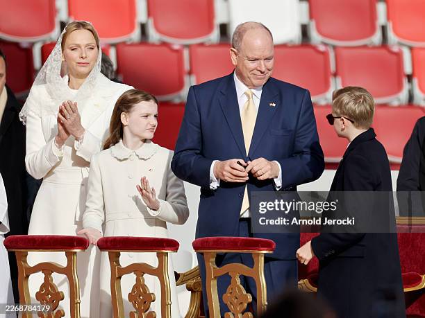 Princess Charlene of Monaco, Princess Gabriella of Monaco, Prince Albert II of Monaco and Prince Jacques of Monaco are seen during the Pope Leo XIV's...