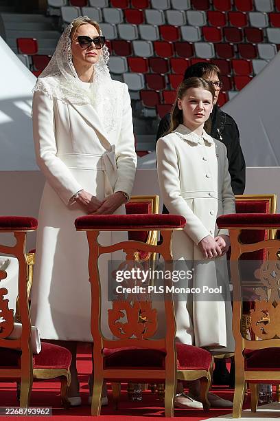 Princess Charlene of Monaco, Princess Gabriella of Monaco, Prince Albert II of Monaco and Prince Jacques of Monaco attend a Holy Mass lead by Pope...