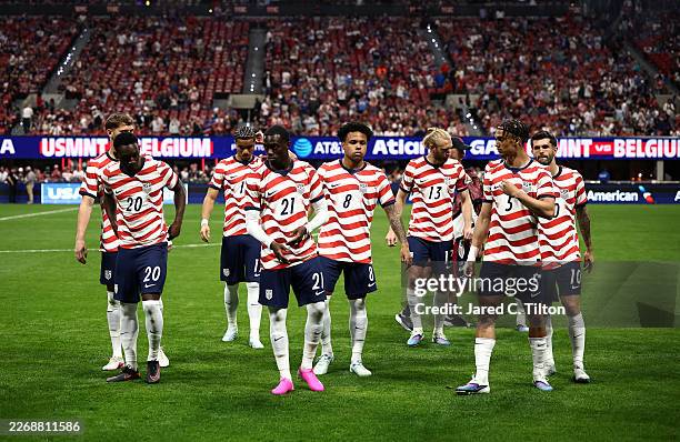 Players of the United States look on prior to the International Friendly match between United States and Belgium at Mercedes-Benz Stadium on March...